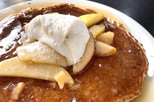 Oatmeal Pancakes w/ hard cider pears ginger compote and whipped honey cream cheese